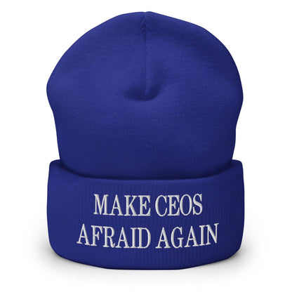 Make CEOs Afraid Again Embroidered Knit Cuffed Beanie - Royal