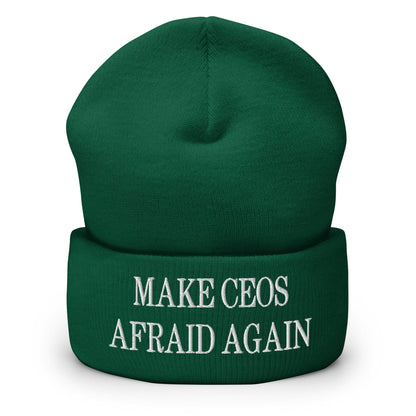 Make CEOs Afraid Again Embroidered Knit Cuffed Beanie - Spruce