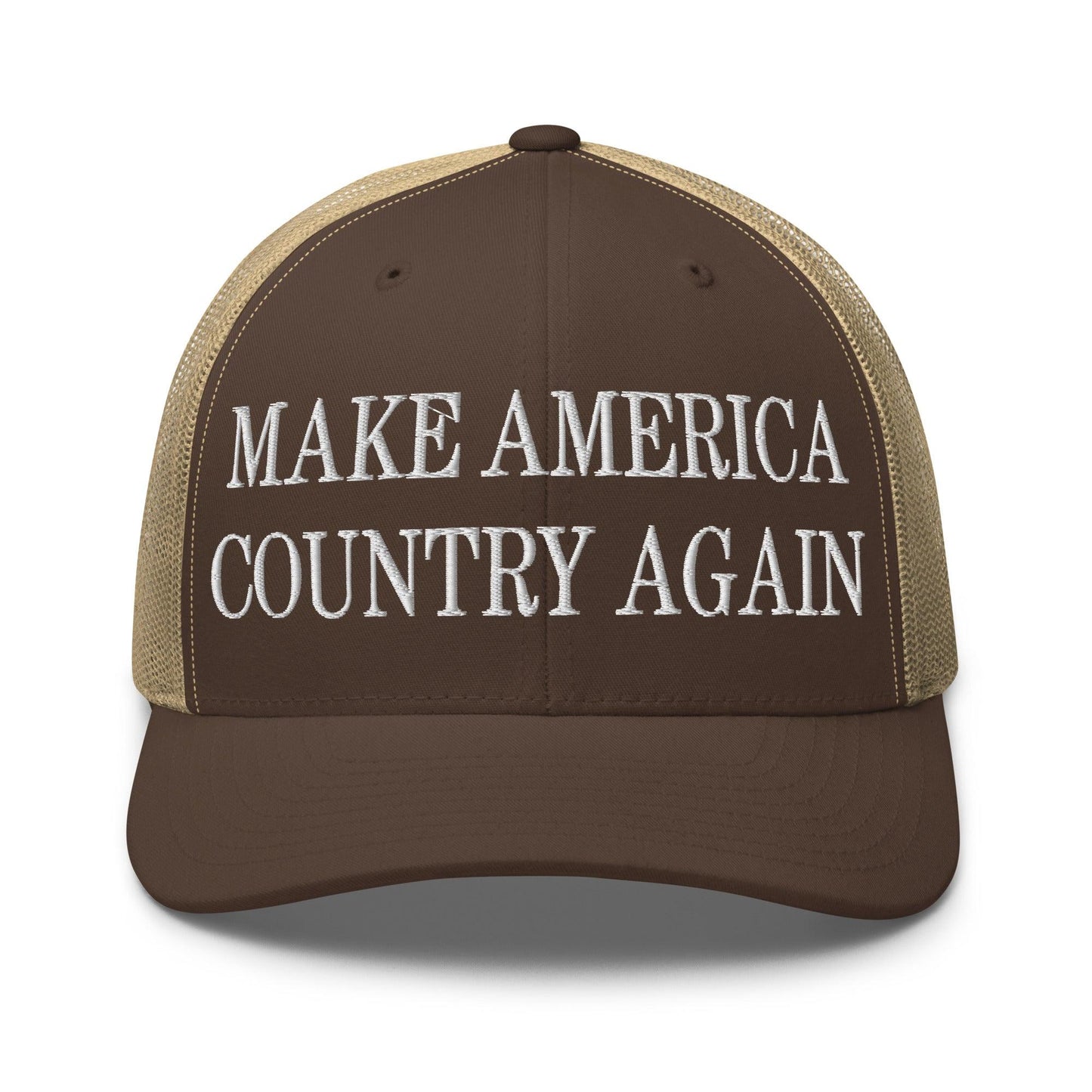 Make Us Country Again Embroidered Mesh Trucker Hat - Brown/ Khaki