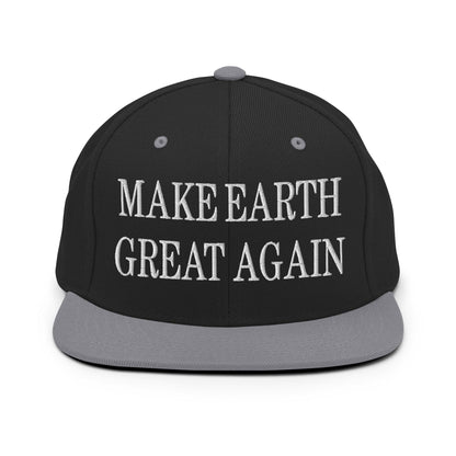 Make Earth Great Again Embroidered Flat Bill Brim Snapback Hat - Black/ Silver