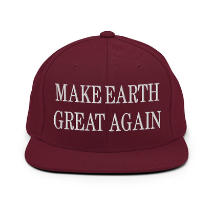 Make Earth Great Again Embroidered Flat Bill Brim Snapback Hat - Maroon