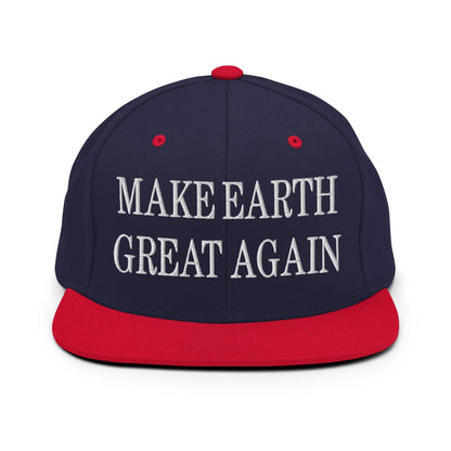 Make Earth Great Again Embroidered Flat Bill Brim Snapback Hat - Navy/ Red