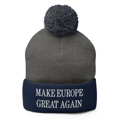 Make Europe Great Again Embroidered Knit Pom Beanie - Dark Heather Grey/ Navy