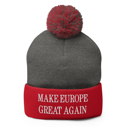 Make Europe Great Again Embroidered Knit Pom Beanie - Dark Heather Grey/ Red