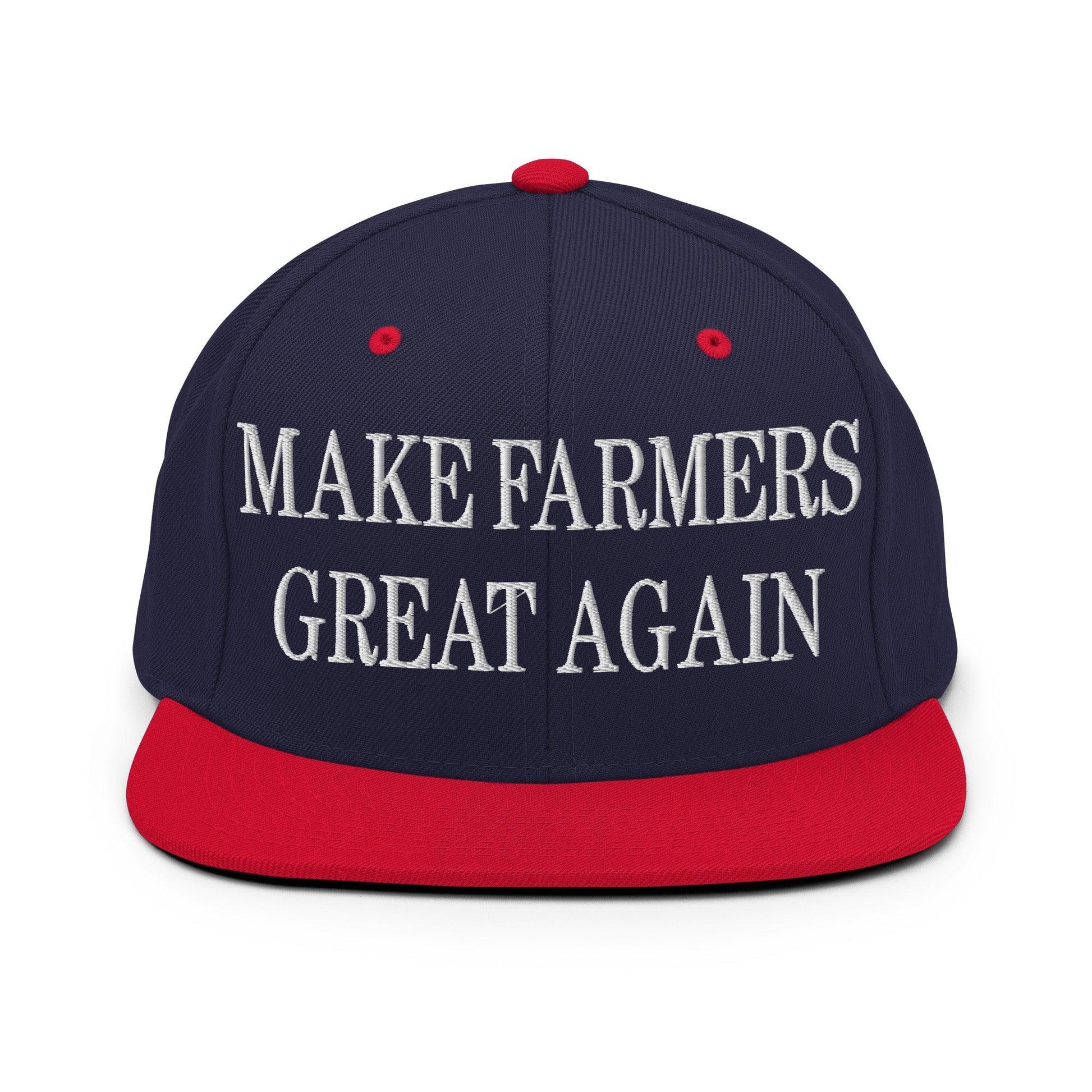 Make Farmers Great Again Embroidered Flat Bill Brim Snapback Hat - Navy/ Red