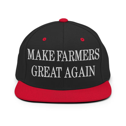 Make Farmers Great Again Embroidered Flat Bill Brim Snapback Hat - Black/ Red