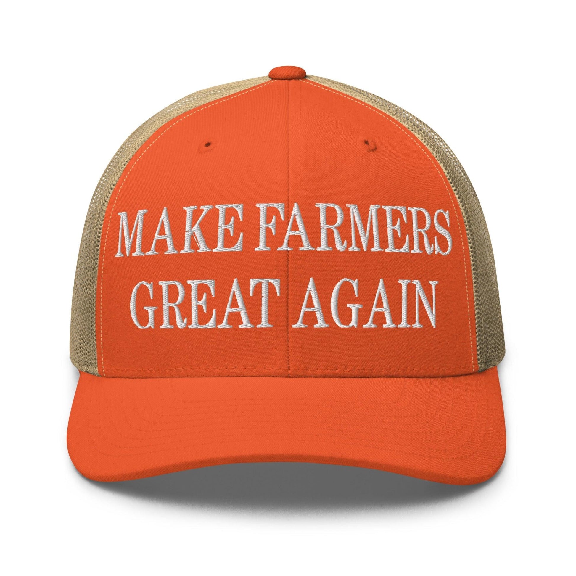 Make Farmers Great Again Embroidered Mesh Trucker Hat - Rustic Orange/ Khaki