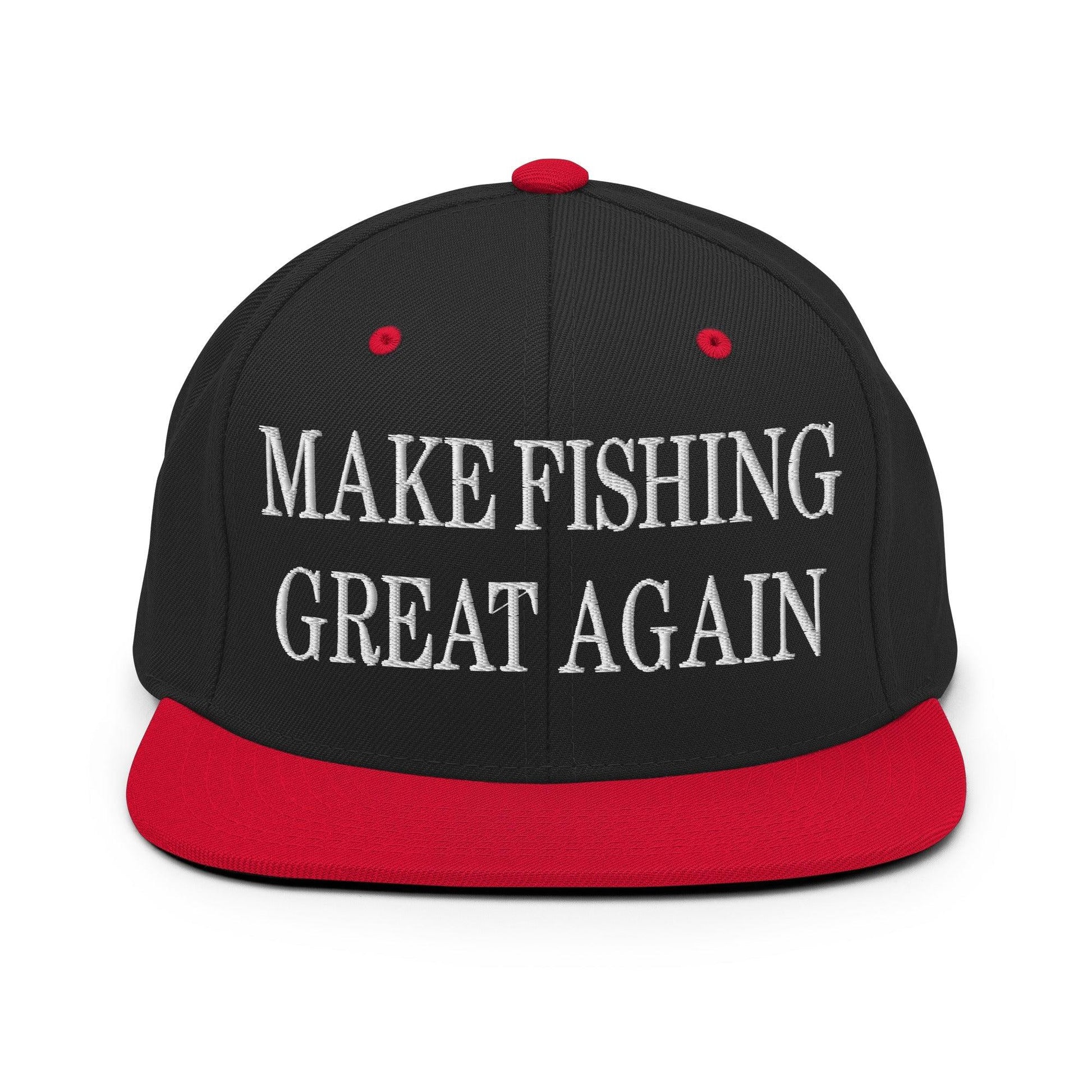 Make Fishing Great Again Embroidered Flat Bill Brim Snapback Hat - Black/ Red