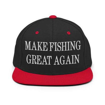 Make Fishing Great Again Embroidered Flat Bill Brim Snapback Hat - Black/ Red