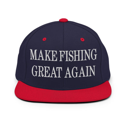 Make Fishing Great Again Embroidered Flat Bill Brim Snapback Hat - Navy/ Red
