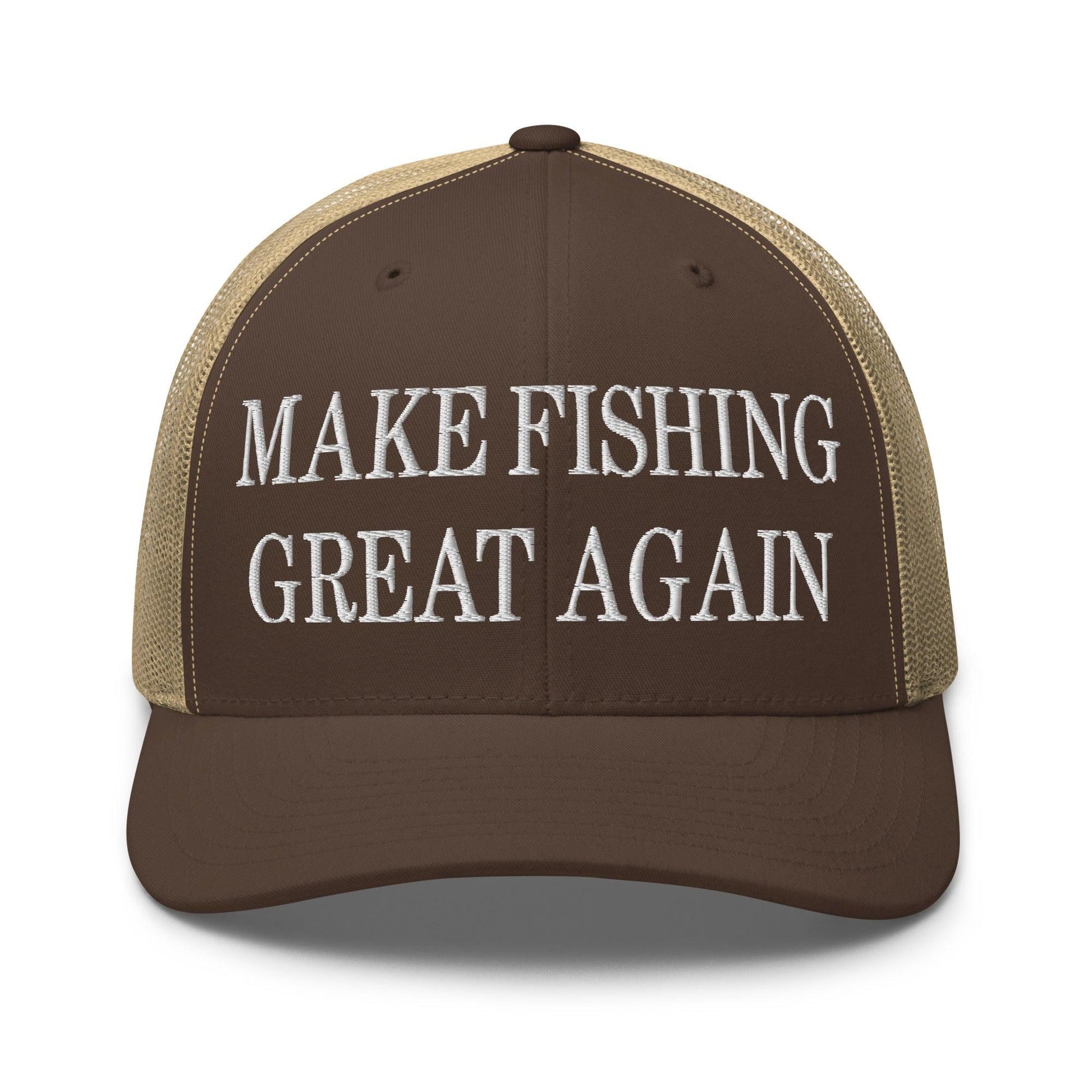 Make Fishing Great Again Embroidered Mesh Trucker Hat - Brown/ Khaki