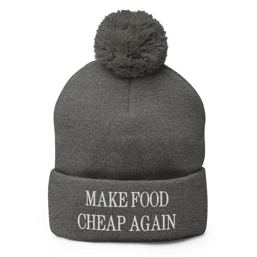 Make Food It Again Embroidered Knit Pom Pom Beanie - Dark Heather Grey
