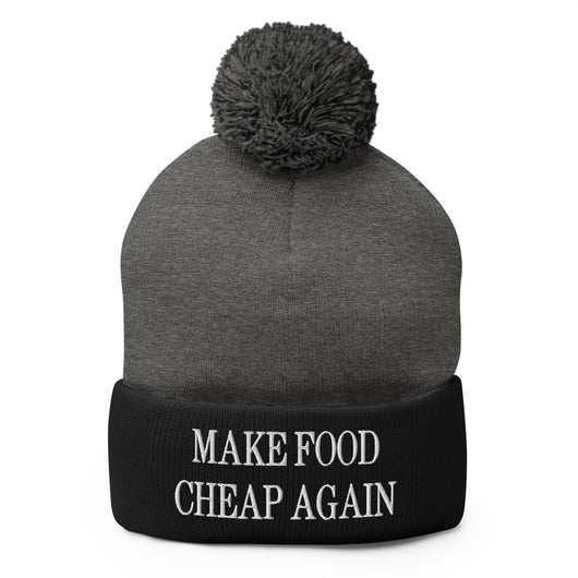 Make Food It Again Embroidered Knit Pom Pom Beanie - Dark Heather Grey/ Black