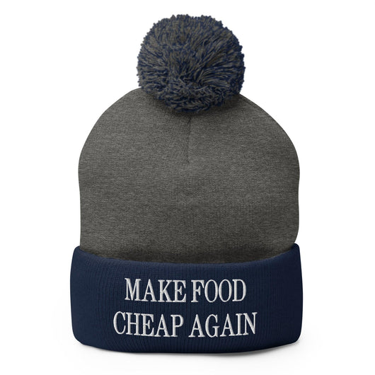 Make Food It Again Embroidered Knit Pom Pom Beanie - Dark Heather Grey/ Navy