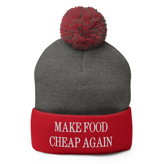 Make Food It Again Embroidered Knit Pom Pom Beanie - Dark Heather Grey/ Red