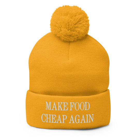 Make Food It Again Embroidered Knit Pom Pom Beanie - Gold