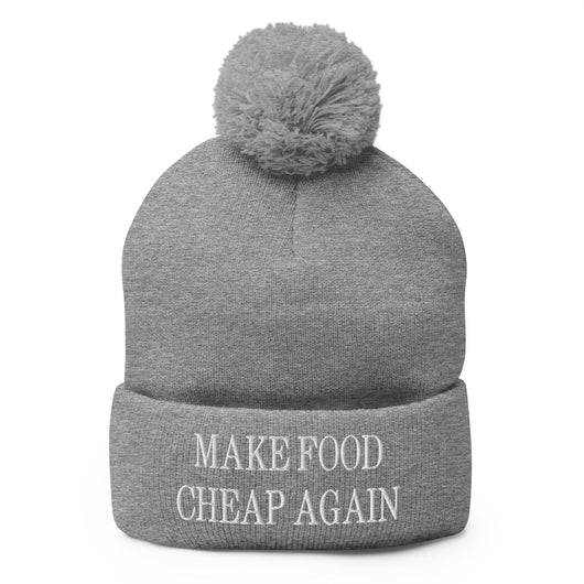 Make Food It Again Embroidered Knit Pom Pom Beanie - Heather Grey