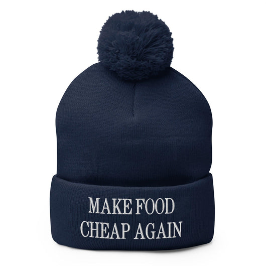 Make Food It Again Embroidered Knit Pom Pom Beanie - Navy