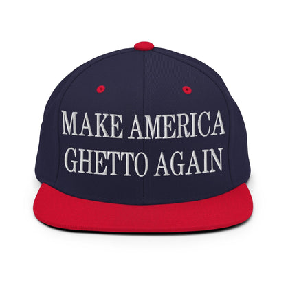 Make Us Ghetto Again Embroidered Flat Bill Brim Snapback Hat - Navy/ Red