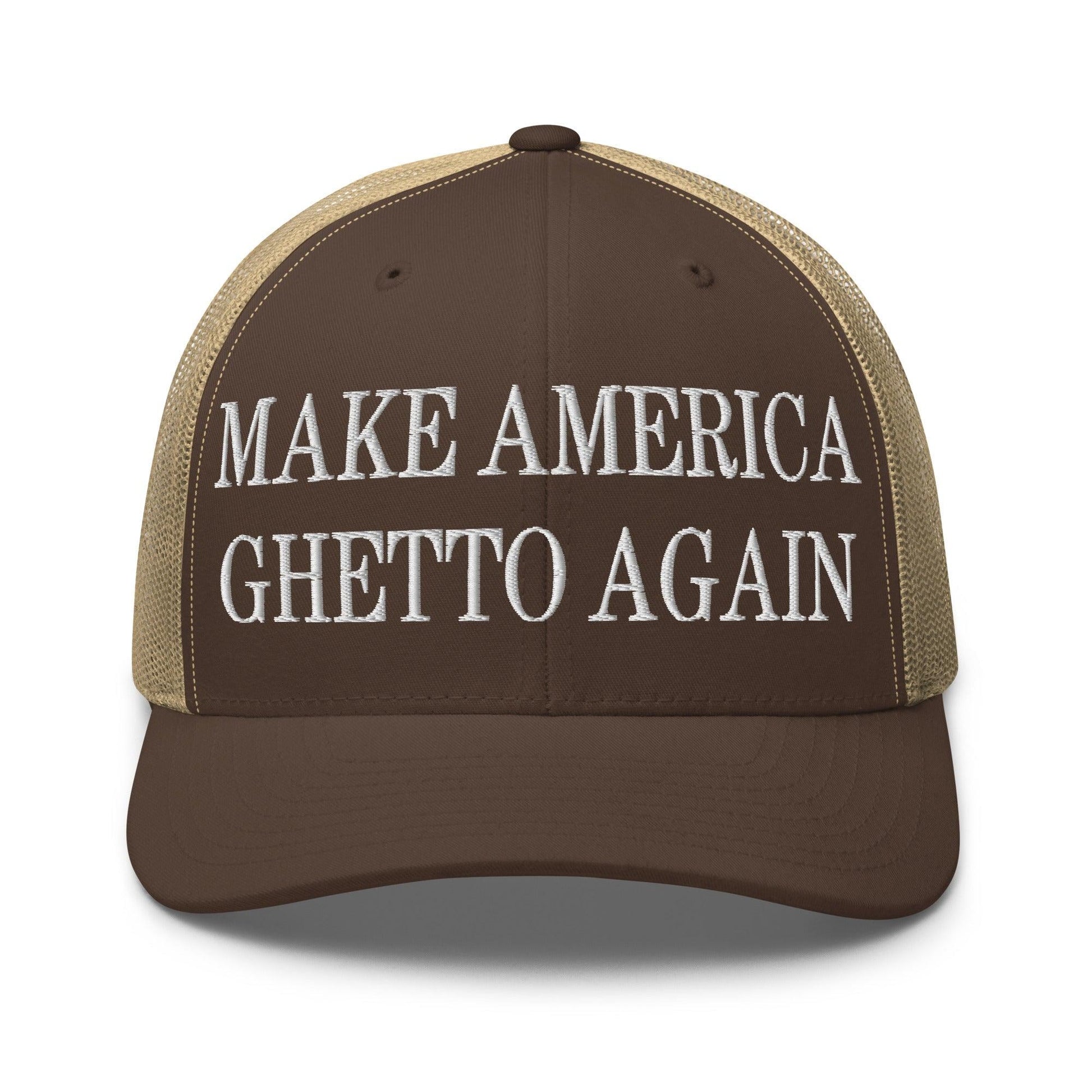 Make Us Ghetto Again Embroidered Mesh Trucker Hat - Brown/ Khaki