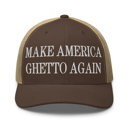 Make Us Ghetto Again Embroidered Mesh Trucker Hat - Brown/ Khaki