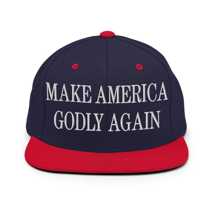 Make Us Godly Again Embroidered Flat Bill Brim Snapback Hat - Navy/ Red