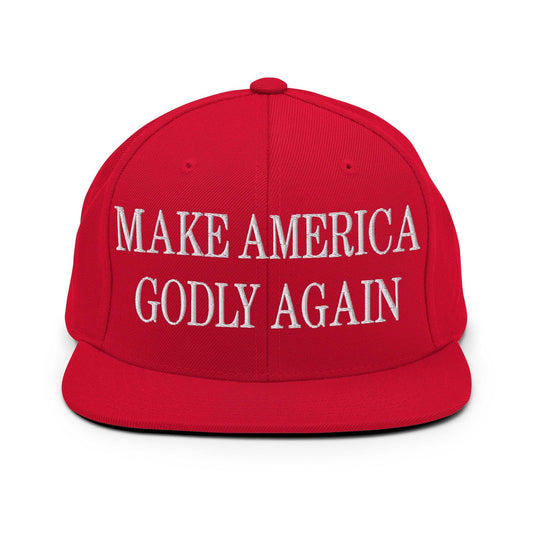 Make Us Godly Again Embroidered Flat Bill Brim Snapback Hat - Red