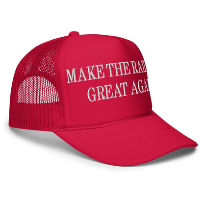 Red trucker hat with embroidered foam trucker design from Make Them Great Again collection