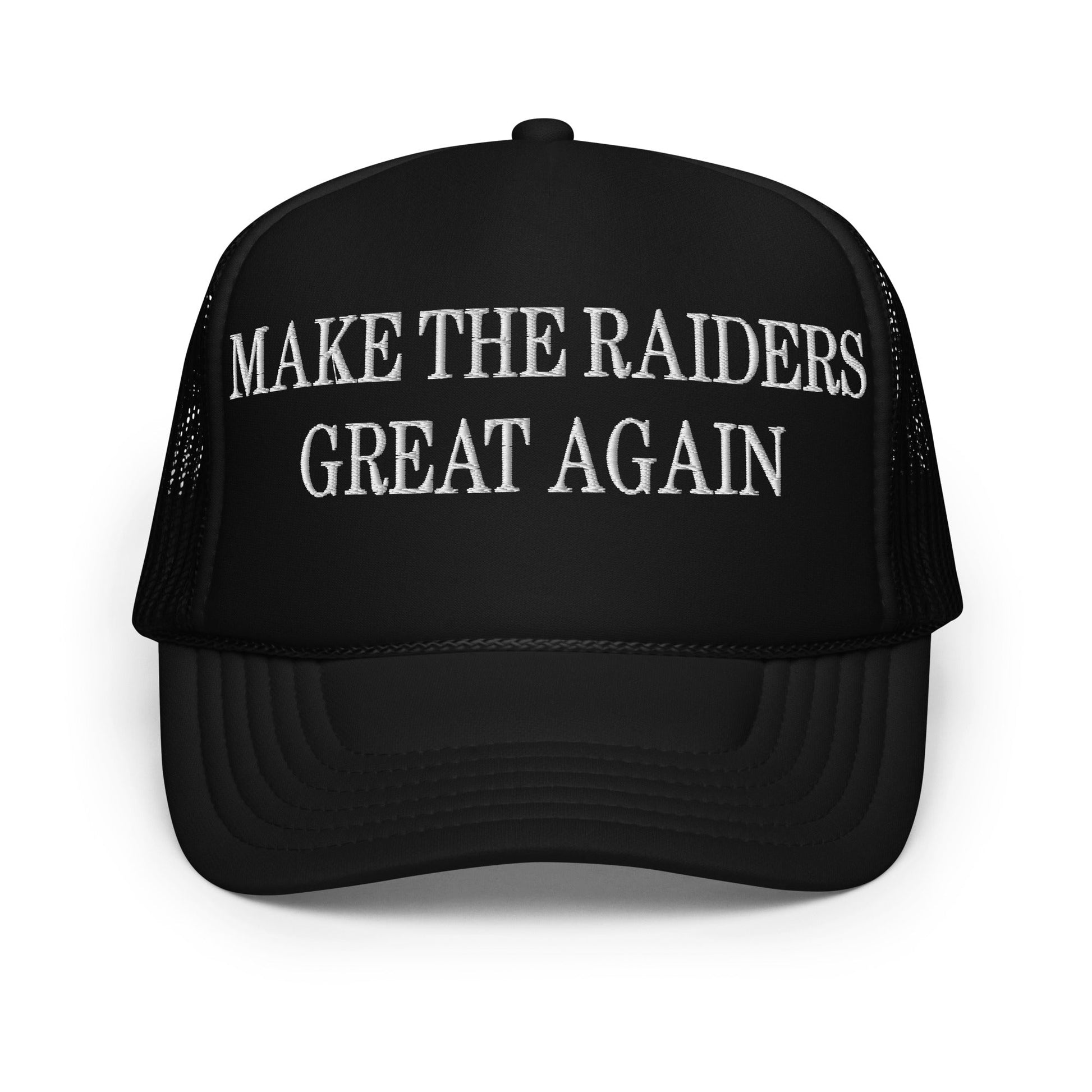 Black trucker hat with white embroidered foam trucker text, ideal for custom apparel