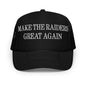 Black trucker hat with white embroidered foam trucker text, ideal for custom apparel