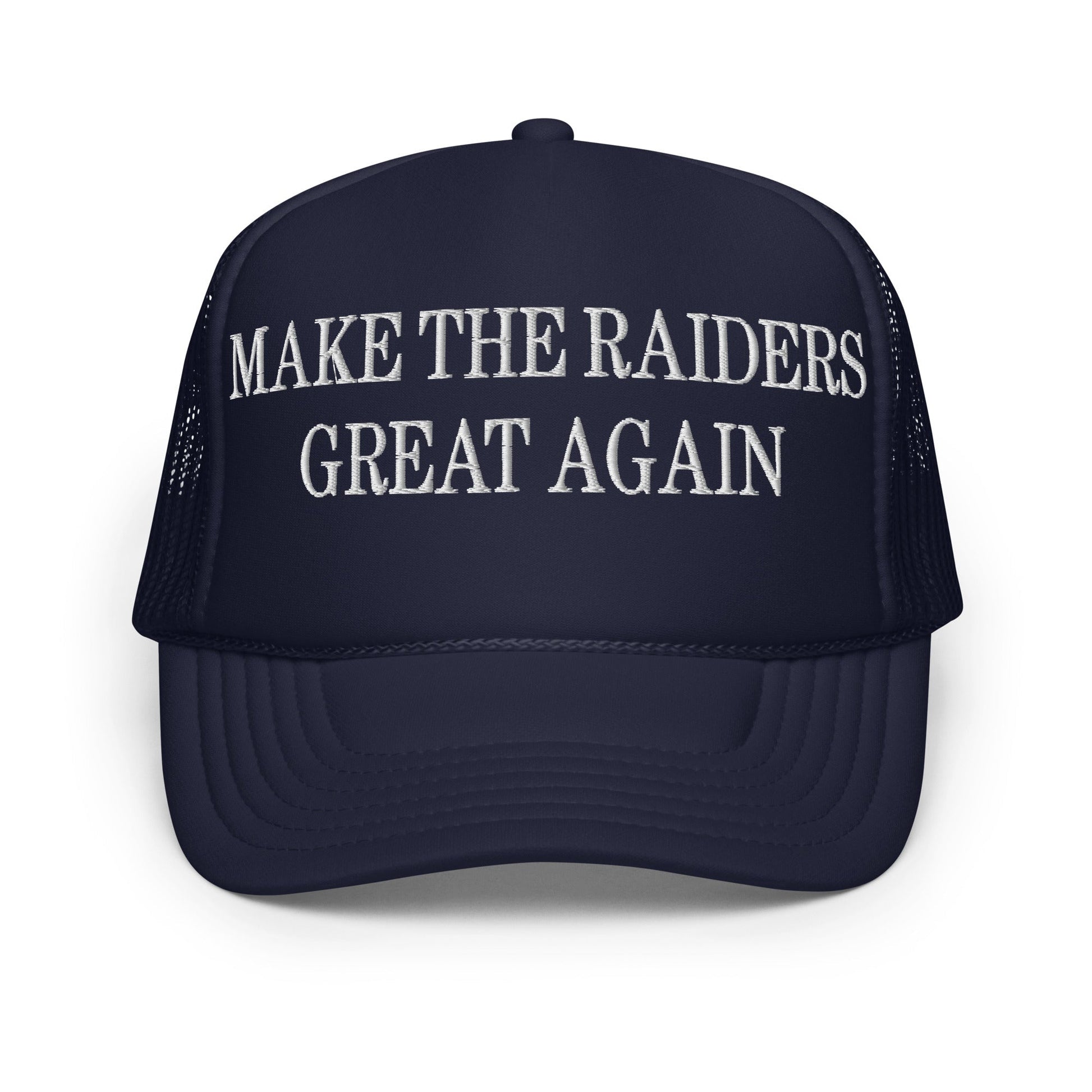 Navy blue embroidered foam trucker hat from Make Them Great Again custom apparel