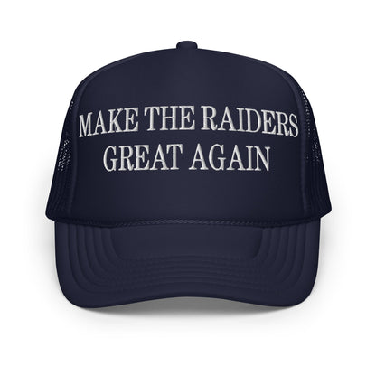 Navy blue embroidered foam trucker hat from Make Them Great Again custom apparel