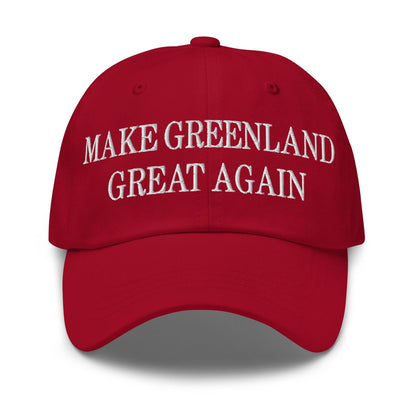 Red baseball cap from Make Greenland Great Again embroidered dad hat collection with cart button