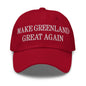 Red baseball cap from Make Greenland Great Again embroidered dad hat collection with cart button