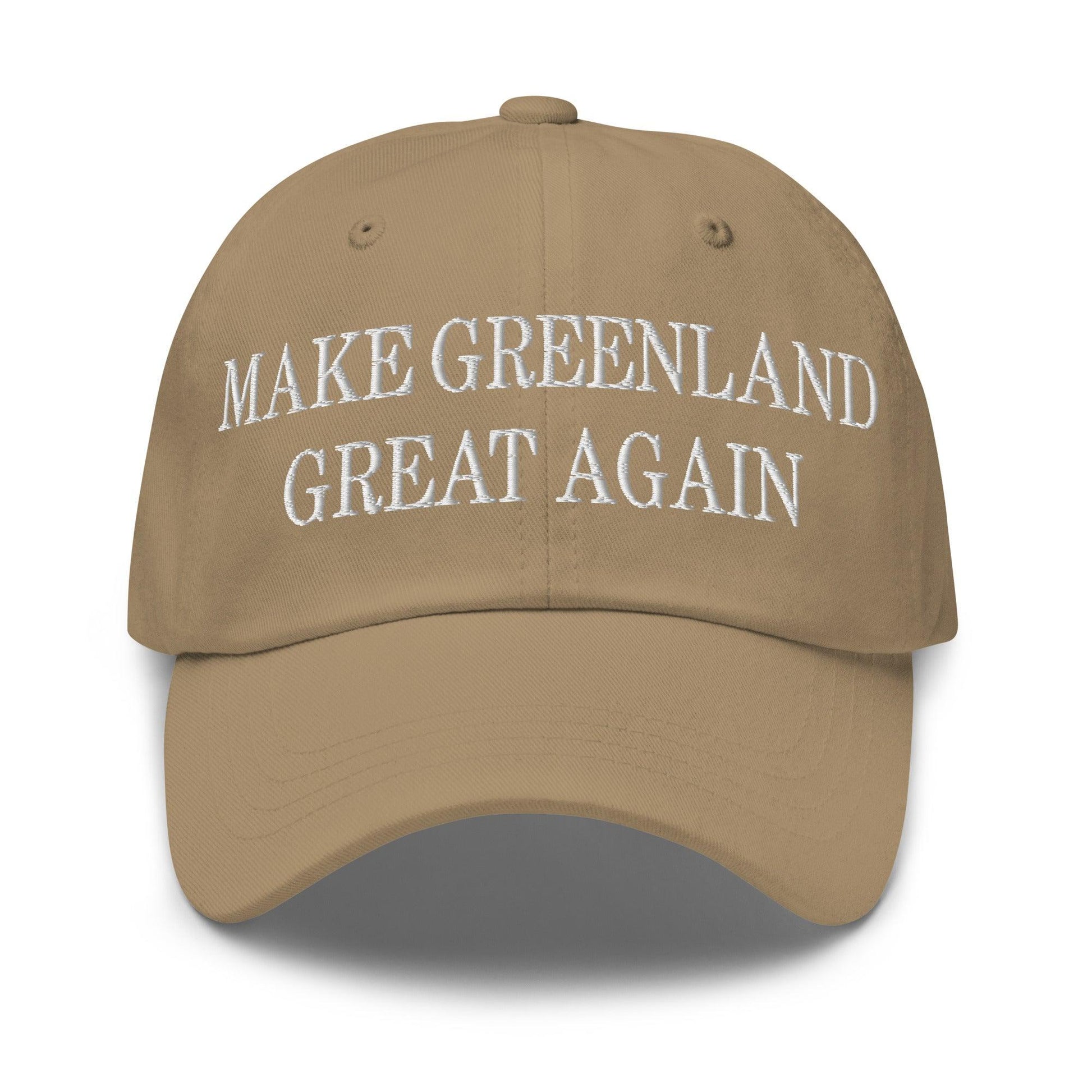 Khaki baseball cap with Make Greenland Great Embroidered Dad Hat design, perfect for cart button