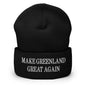 Black Make Greenland embroidered knit cuffed beanie showcasing stylish embroidered text