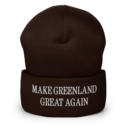 Brown beanie with white text, Make Greenland Great Again embroidered knit cuffed beanie