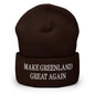 Brown beanie with white text, Make Greenland Great Again embroidered knit cuffed beanie