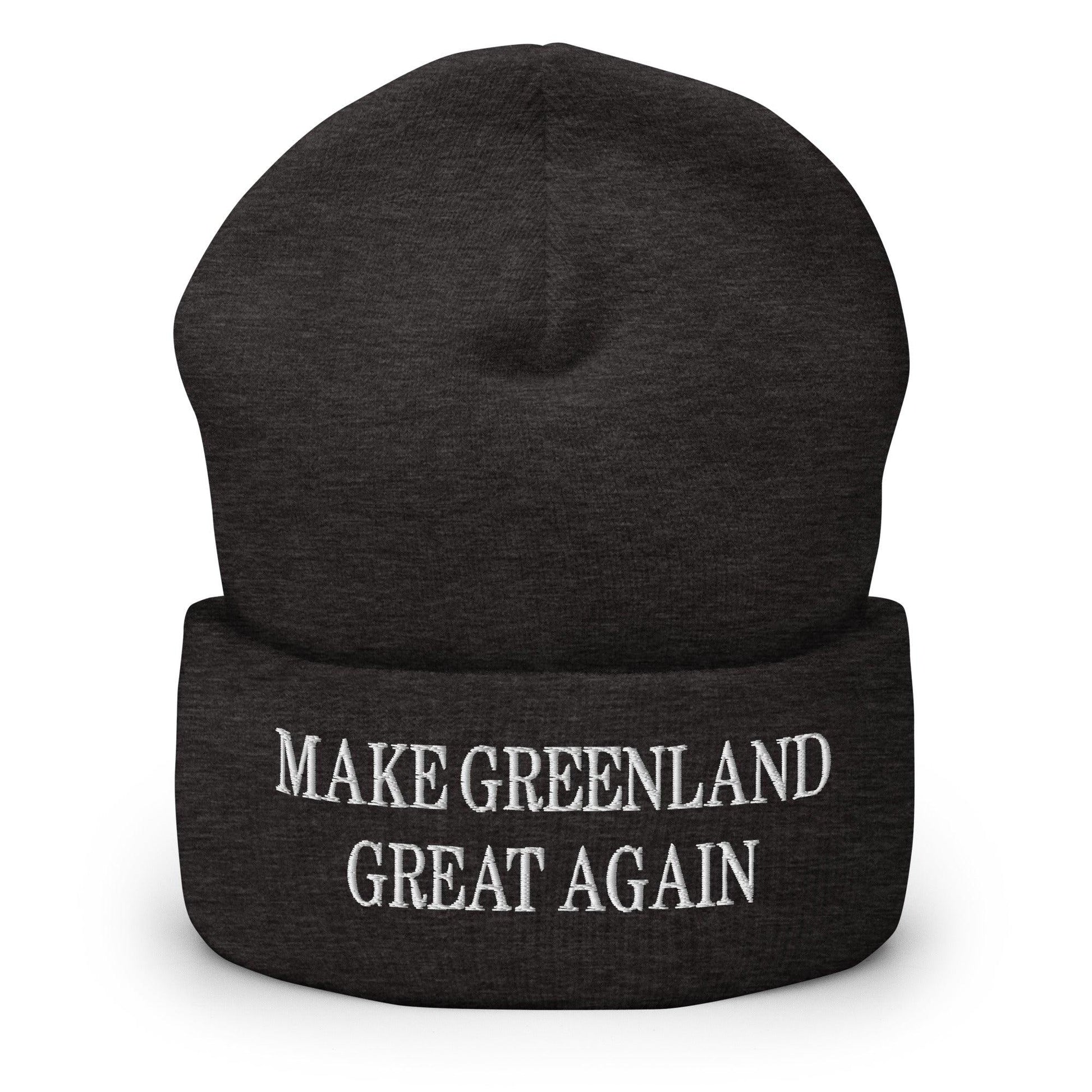 Dark beanie with embroidered text, Make Greenland themed embroidered knit cuffed beanie