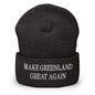 Dark beanie with embroidered text, Make Greenland themed embroidered knit cuffed beanie