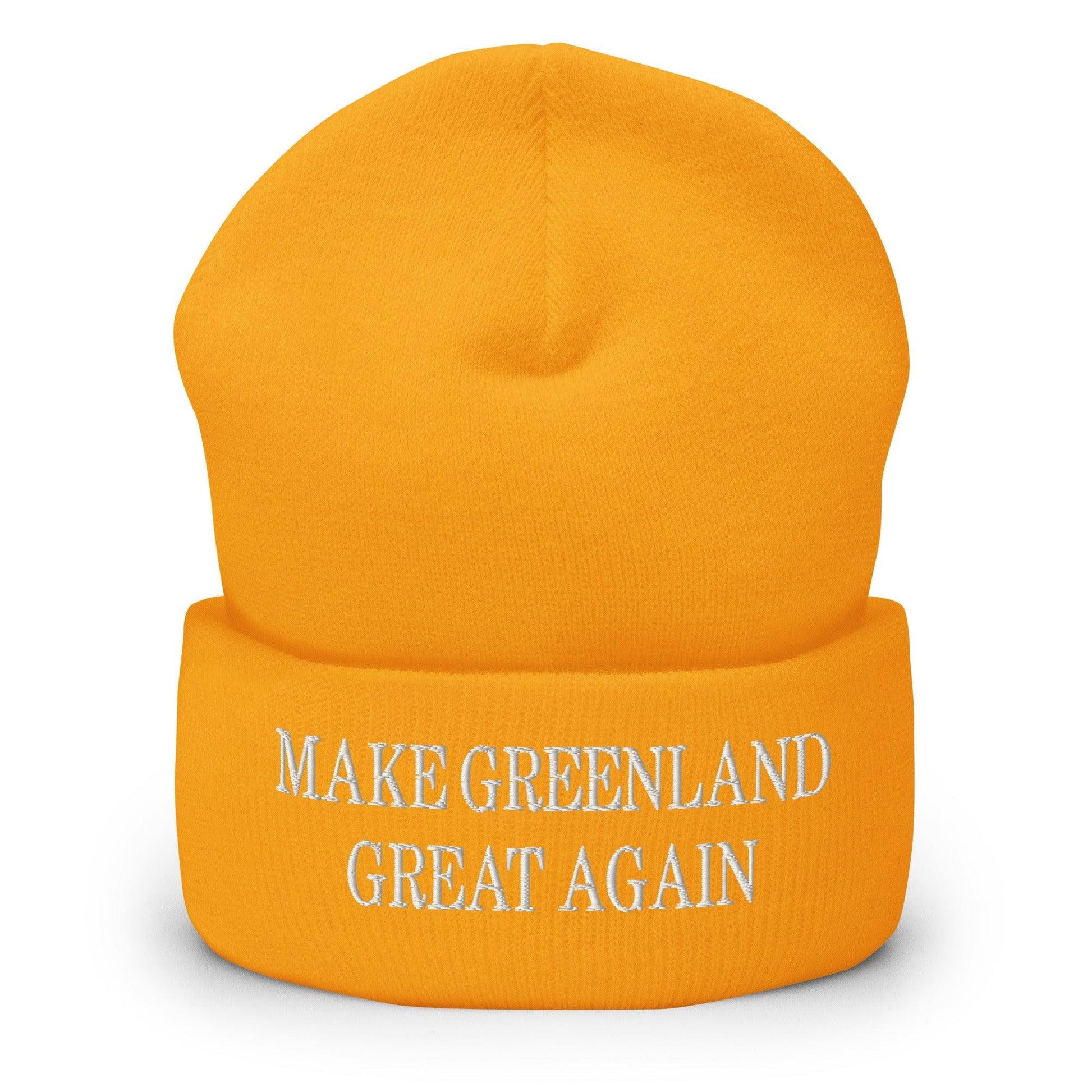 Yellow beanie with political slogan, Make Greenland Great Again embroidered knit cuffed beanie