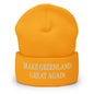 Yellow beanie with political slogan, Make Greenland Great Again embroidered knit cuffed beanie