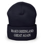 Dark blue make Greenland embroidered knit cuffed beanie with political slogan