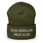 Olive green make Greenland embroidered knit cuffed beanie for stylish warmth