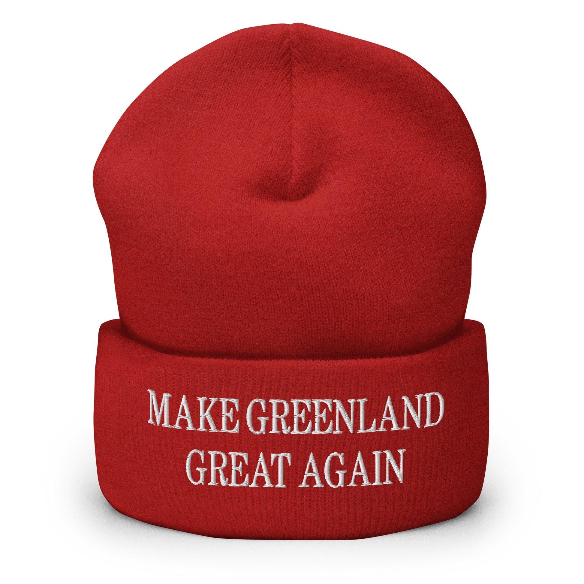 Red make Greenland embroidered knit cuffed beanie with embroidered text for stylish warmth