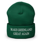 Green beanie with white text, Make Greenland Great Again embroidered knit cuffed beanie