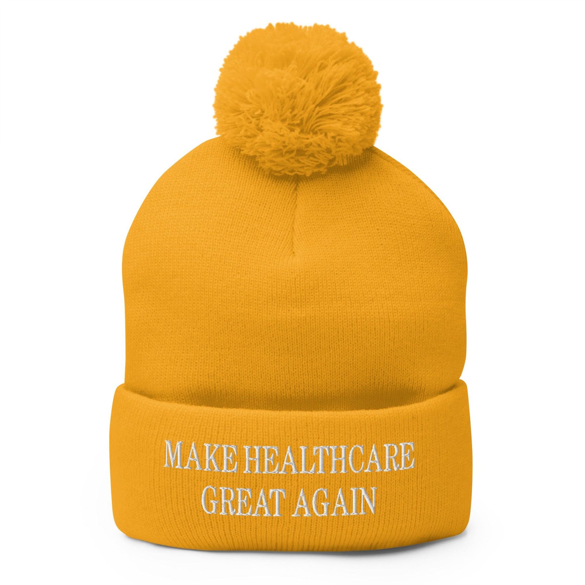 Make Healthcare Great Again Embroidered Knit Pom Beanie - Gold