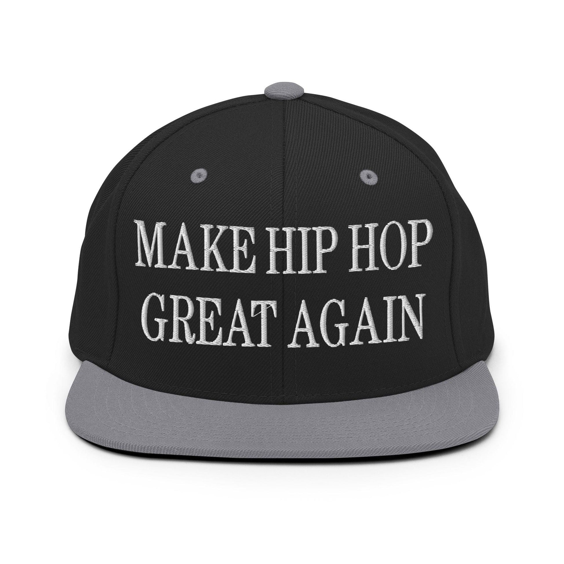 Make Hip Hop Great Again Embroidered Flat Bill Brim Snapback Hat - Black/ Silver
