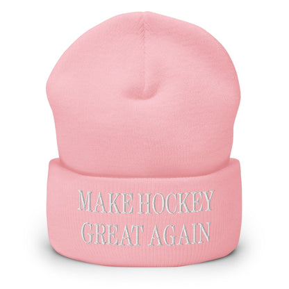 Make Hockey Great Again Embroidered Knit Cuffed Beanie - Baby Pink
