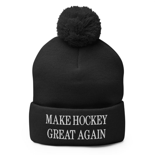 Make Hockey Great Again Embroidered Knit Pom Pom Beanie - Black